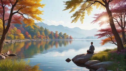 By the tranquil lakeshore, individuals practice meditation in motion, cultivating a sense of balance and inner harmony, Generative AI