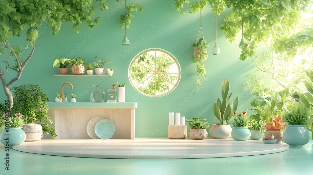 Poster serene 3d studio room setting with a nature inspired background empty floor and wall product display