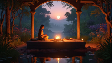 In a candlelit sanctuary, seekers of inner peace engage in guided visualization, their minds transported to serene landscapes and tranquil scenes,  Generative AI