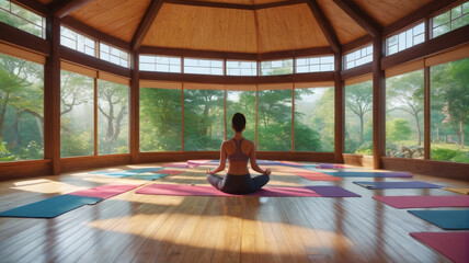 At a peaceful retreat center, participants partake in mindfulness retreats, their days filled with yoga, meditation, and silent reflection, Generative AI