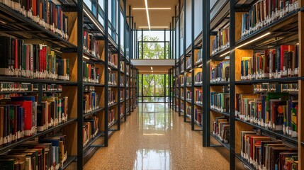 A public library with natural lighting, recycled metal bookshelves, and floors made of cork