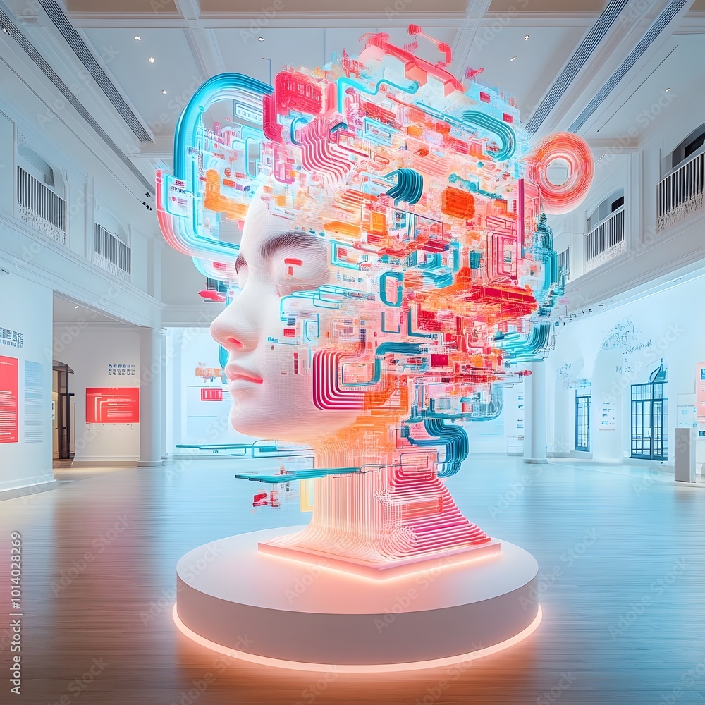 Poster a striking and mesmerizing digital data sculpture composed of interwoven holographic forms and pulsa