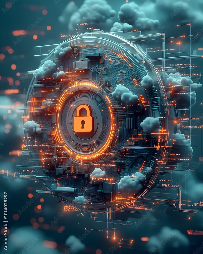 Poster secure cloud computing with padlock icon on abstract data sphere precision engineered components