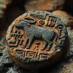 Intricate design of an Indus Valley seal showing a detailed engraving of a bull surrounded by geometric patterns glowing softly in dim light
