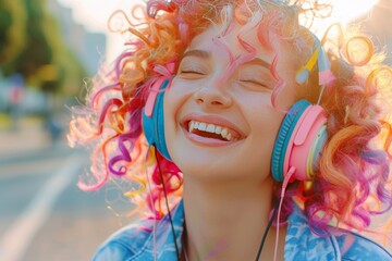 A woman with colorful hair is wearing headphones and smiling, generative ai image