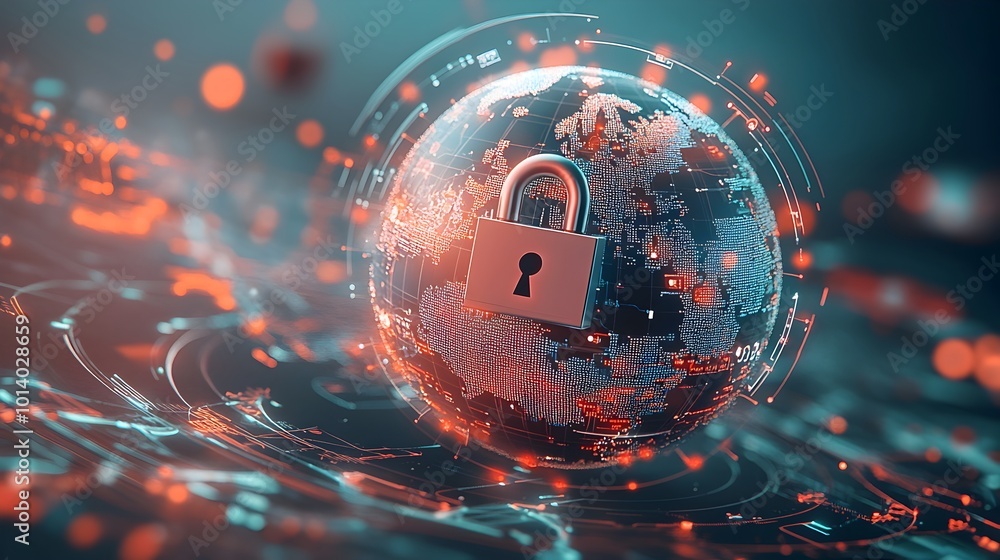 Poster secure global cybersecurity solutions with padlock on digital world globe detailed 3d digital render