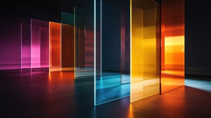 A series of abstract, multi-layered glass panels that change color depending on the angle of light