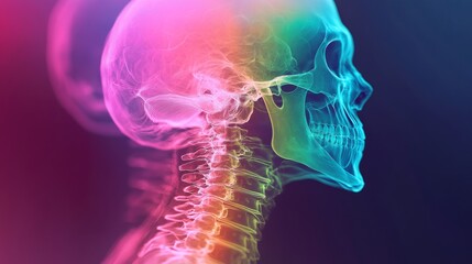 Colorful x-ray illustration of human skull in profile view, vibrant medical concept
