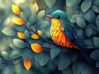 Obraz premium stylized minimalist bird logo featuring a modern and abstract greenorange design perched on a branch exuding creativity and contemporary aesthetics