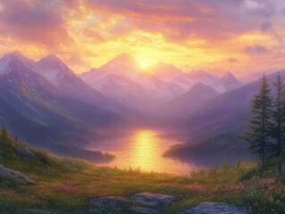 Obraz premium sunrise illuminating majestic mountains casting a golden hue over the landscape evoking feelings of hope and new beginnings in a tranquil breathtaking natural setting