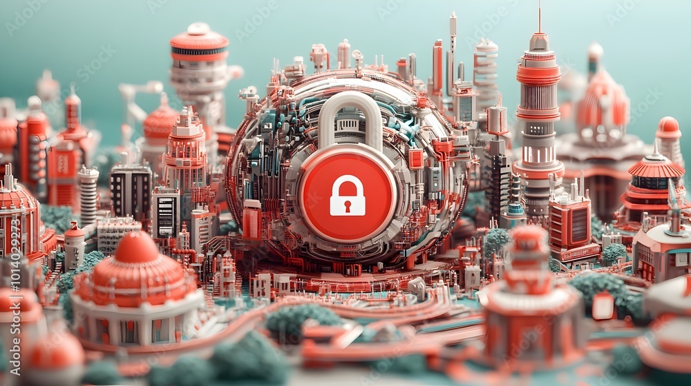 Poster Secure digital infrastructure with padlock icon on world globe and intricate electronic components mechanical details and futuristic technological elements in a minimalist
