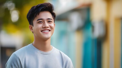 Fototapeta premium Portrait of a young handsome Asian man with a plain background, emphasizing his striking features and confident presence