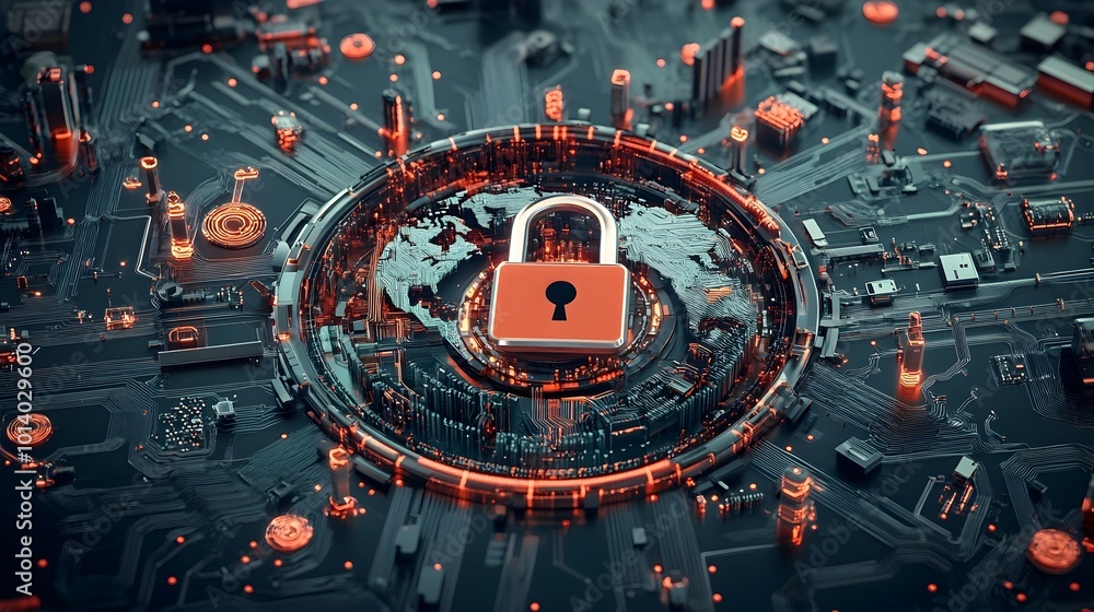 Poster secure and technologically advanced digital infrastructure featuring a padlock icon on a world globe