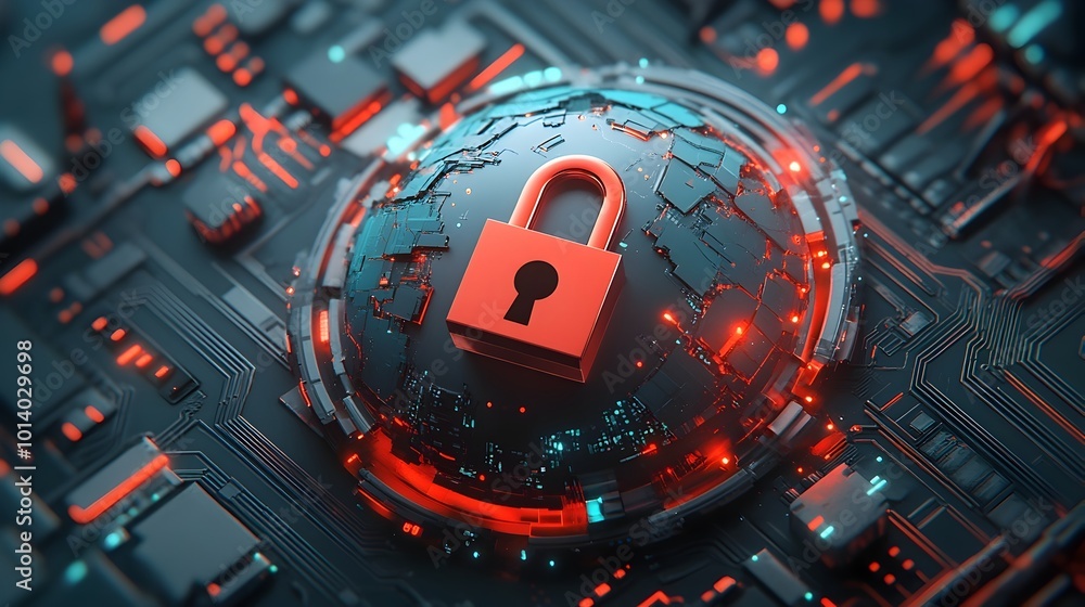 Poster fortified global digital networks secure connectivity and cybersecurity symbolized by padlock on fut