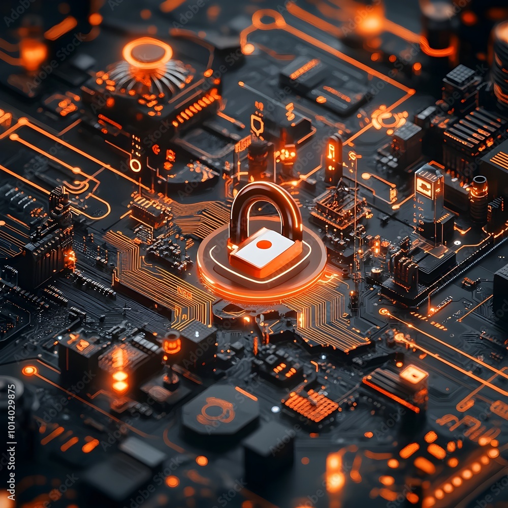 Poster secure holographic digital network with vibrant neon lit microchip circuitry a futuristic scientific