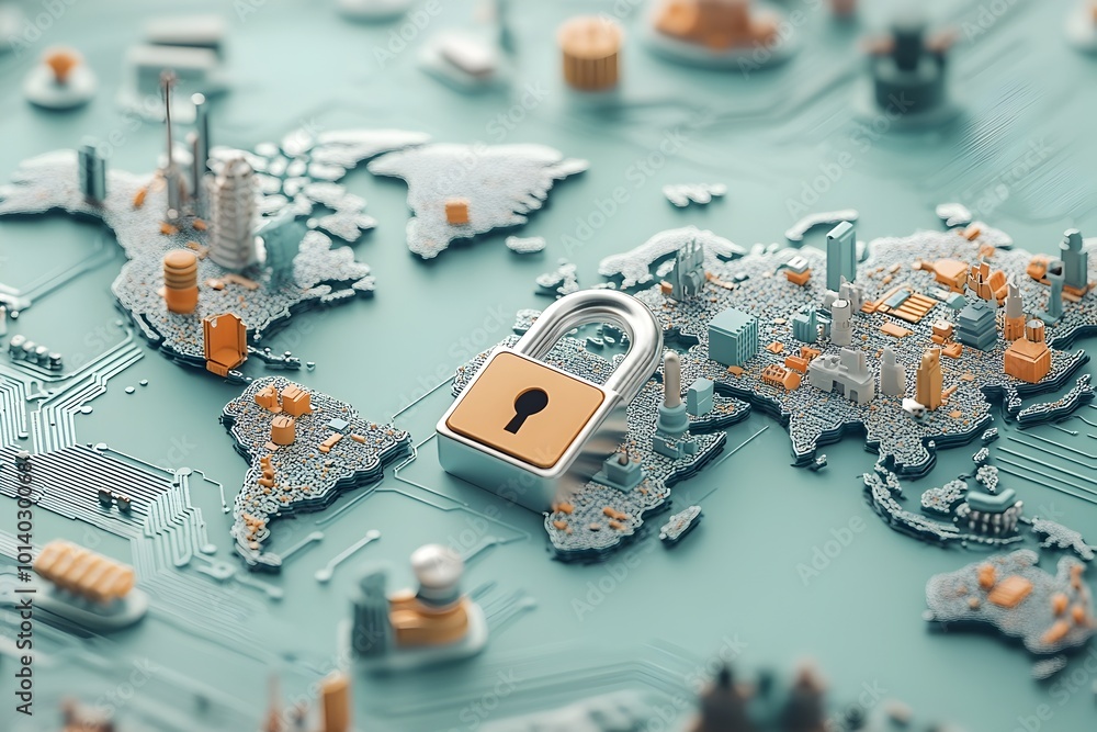Poster safeguarding the global e commerce landscape a padlock symbol on an electronic world map with captiv