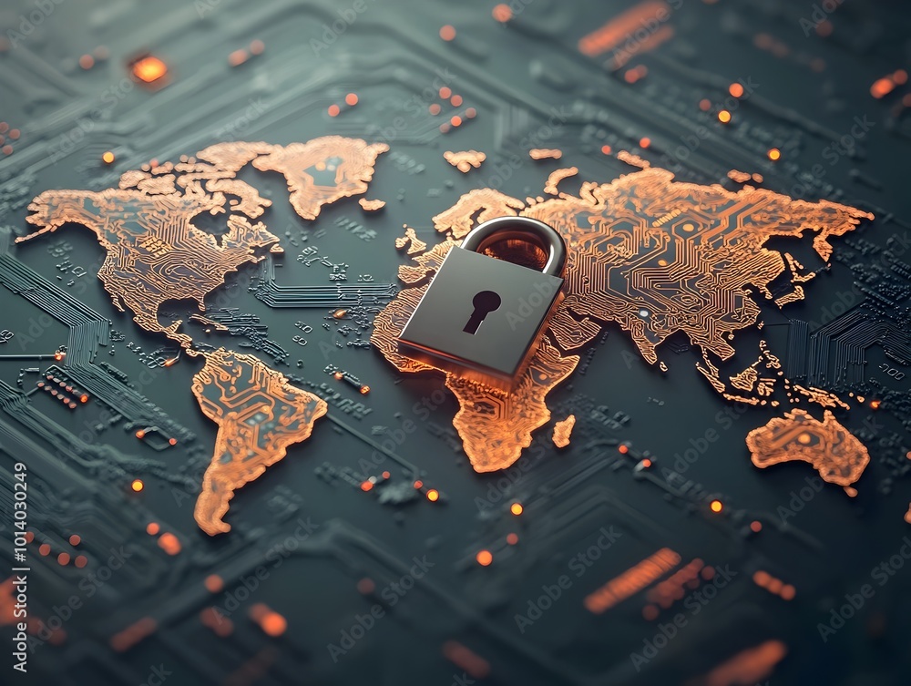 Poster secure global digital network with intricate circuit board world map and padlock pulsing data flows 