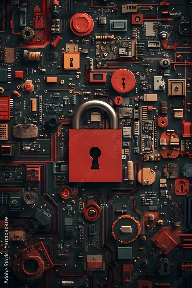 Poster precision engineered digital security padlock integrated into sprawling circuit board vista preservi