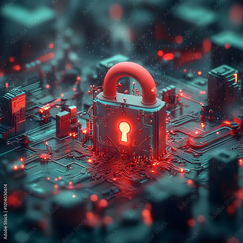Poster secure padlock icon protecting a complex global network of digital interconnectivity surrounded by i