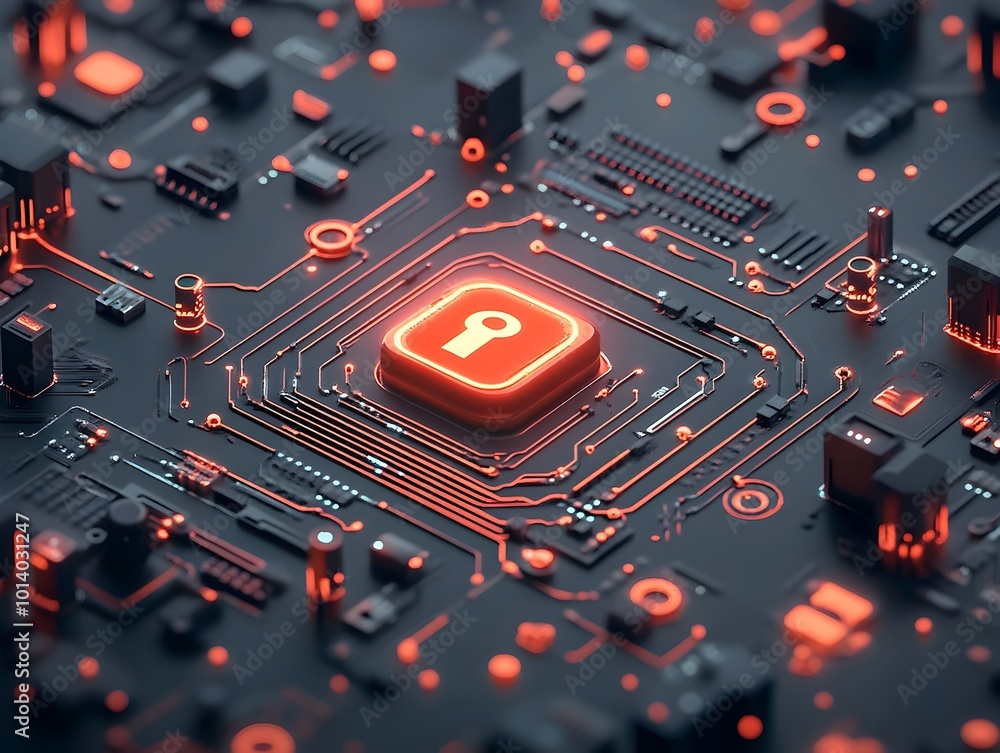 Poster cybersecurity infrastructure with a glowing digital padlock symbol on a complex circuit board backdr