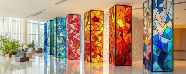 A series of vertical panels, each embedded with stained glass in modern geometric patterns, used to create a vibrant partition in an otherwise minimalist space