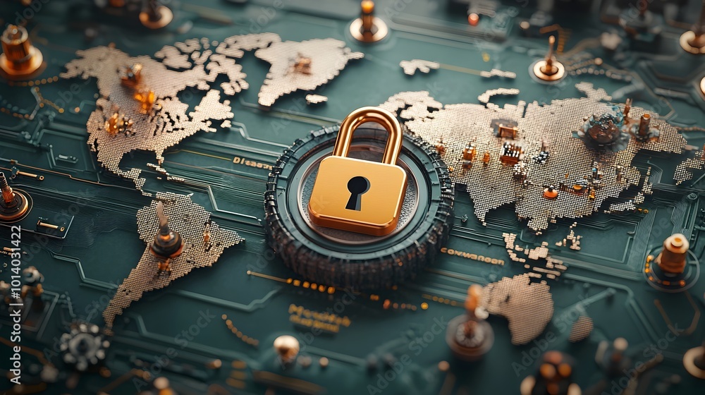 Poster safeguarding global data and communications with intricate padlock icon on detailed technological wo