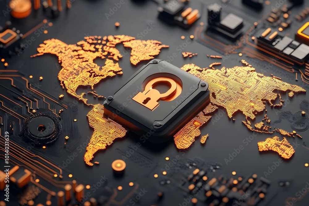 Poster safeguarding global e commerce with padlock symbol on electronic world map and retrofuturistic circu
