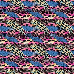 Fun girly camouflage pattern in vibrant stripes and spotted seamless design . Modern skin texture patched effect for festival and beach wear style in repeat .