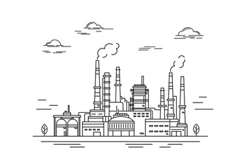 Oil refinery, factory, industrial plant, industrial landscape with clouds and trees. Contour drawing, line sketch on a white background.