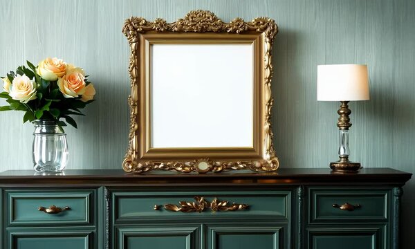 Serene dining room with an empty frame on the buffet Video