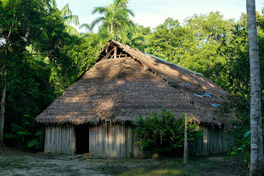 indigenous traditional maloca house in the amazon forest