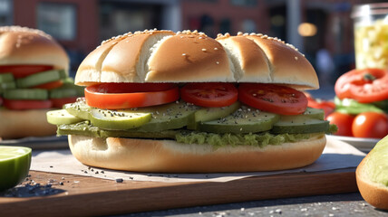 Chicago-style dogs, poppy seed buns, pickles, tomato, celery salt, Windy City classic, Generative AI