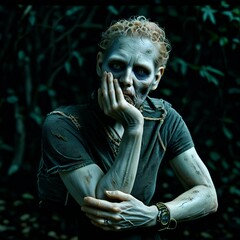 Low key portrait of an attractive older zombie man with grey hair and beard. Looking at camera with serious or pensive expression, leaning on his hand.   Photo that has been altered with AI tool.