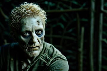 Low key portrait of an attractive older zombie man with grey hair and beard. Looking at camera with serious or pensive expression.   Photo that has been altered with AI tool to appear like a zombie.