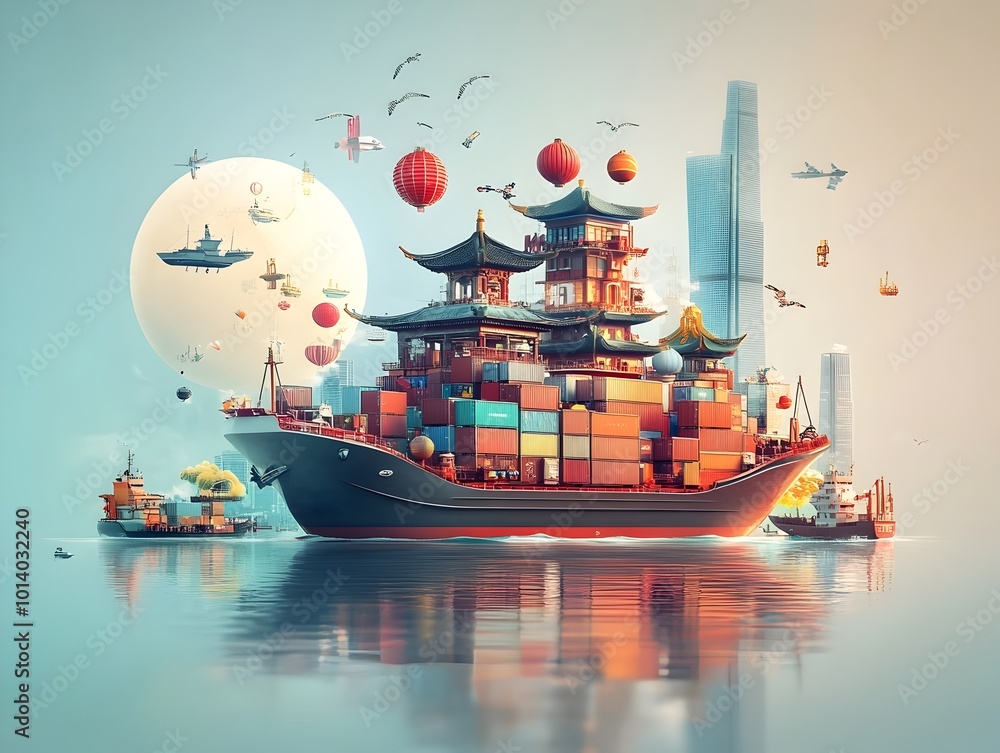 Poster sleek and efficient container ships leveraging advanced digital technologies to power global supply 