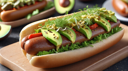 Vegan hot dogs, plant-based sausages, avocado, sprouts, vegan mayo, cruelty-free option, Generative AI