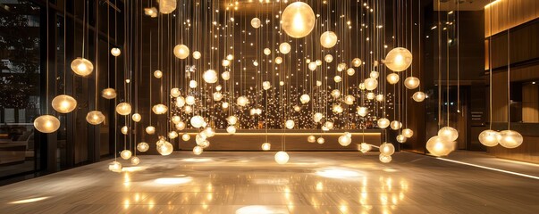 Obraz premium A stylish boutique hotel lobby with an art installation of floating lights that gently move with air currents, creating an ever-changing light display