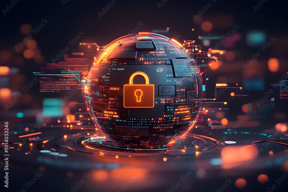 Poster spherical world encased in cryptographic padlock surrounded by cascading binary code glowing server 