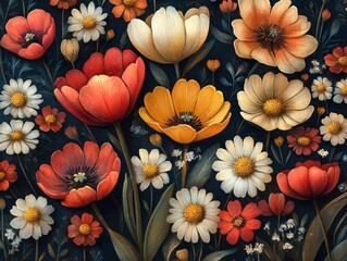 Fototapeta premium vibrant floral pattern featuring colorful tulips and daisies set against a deep dark background that enhances the brightness and liveliness of the flowers