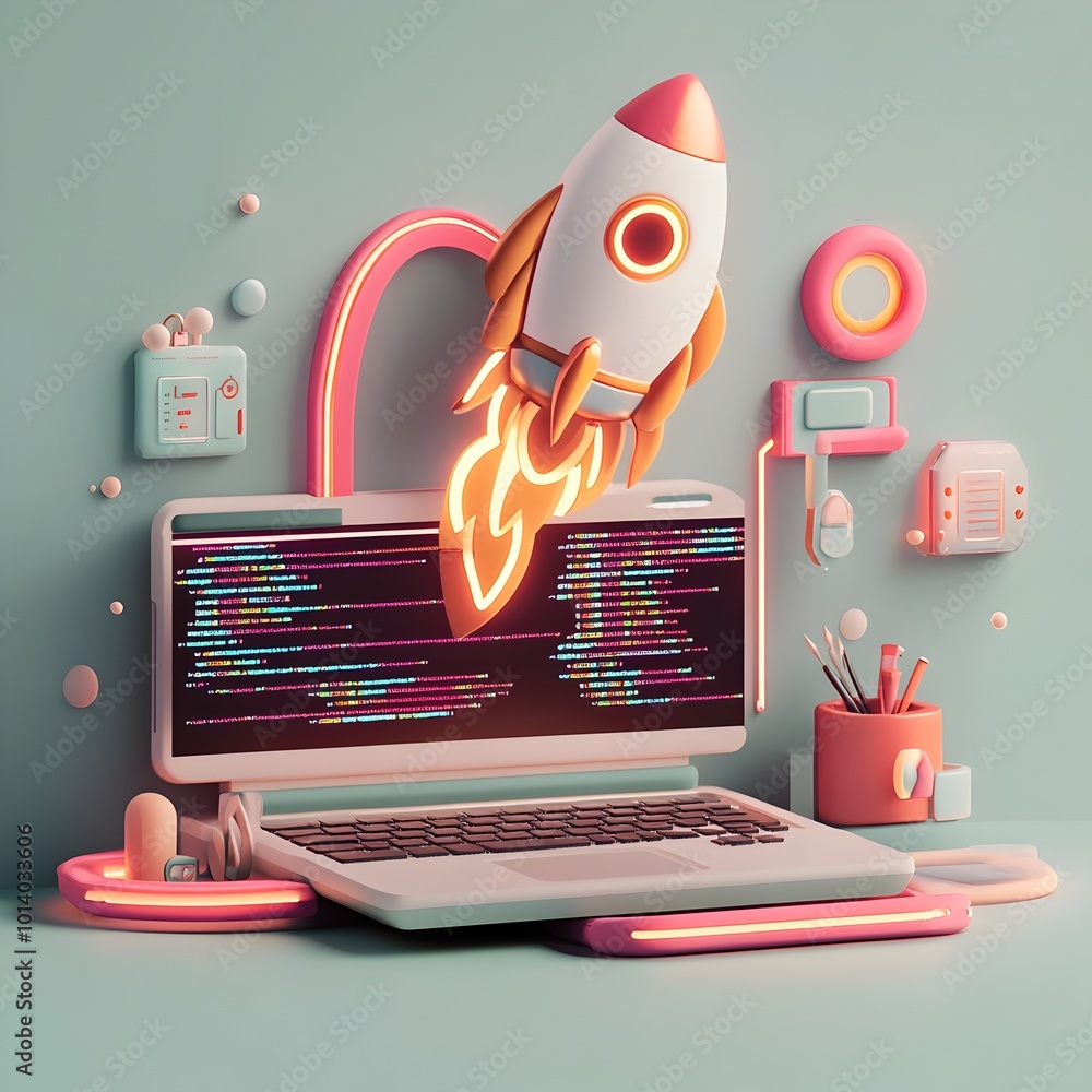 Poster conceptual 3d depiction of a forward thinking startup workspace featuring a minimalist laptop dynami