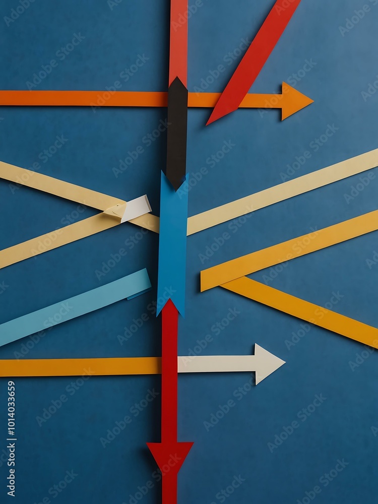 Poster blue background with arrows pointing in various directions.