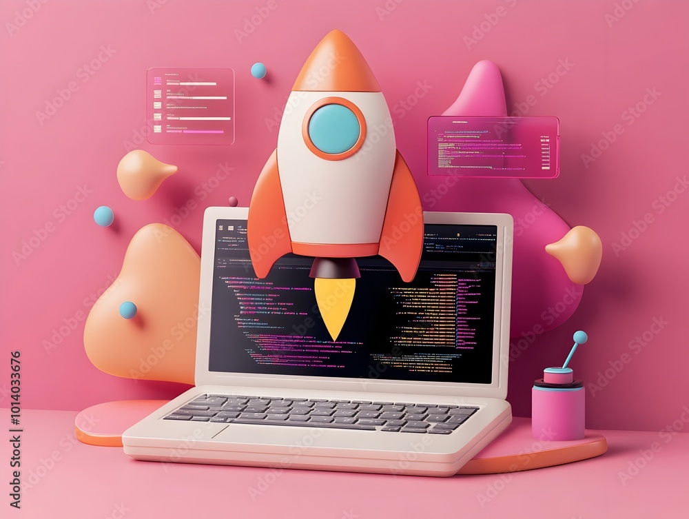Aufkleber cutting edge 3d visualization of an innovative startup idea showcasing a modern laptop bold rocket b