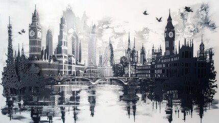 Fototapeta premium A wall art piece made from laser-cut metal, depicting a detailed cityscape with famous landmarks