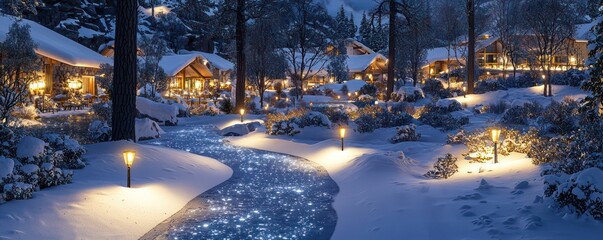 A winter resort with path lighting embedded in the ground, guiding guests safely through the snowy landscape while adding a magical glow to the environment