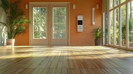 Obraz premium A zero-energy home interior with a smart thermostat, triple-pane windows, and floors made of bamboo