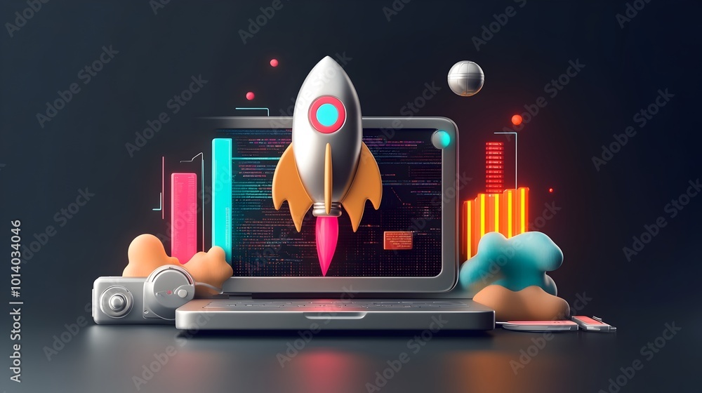 Poster groundbreaking 3d rendered startup design showcasing a sleek silver laptop vibrant rocket icon and a