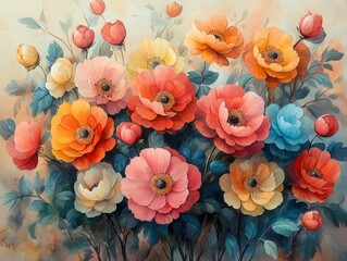vibrant watercolor flowers blooming across the canvas showcasing a rich palette of colors and delicate details that evoke a feeling of freshness and beauty