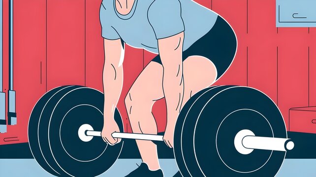 Person deadlifting heavy barbell in gym with red walls