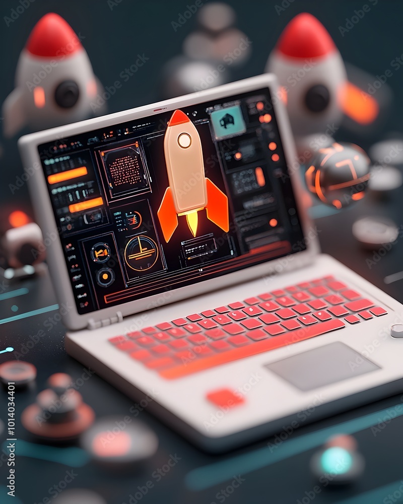 Poster cutting edge 3d rendered startup visuals featuring a high tech laptop with holographic keyboard and 
