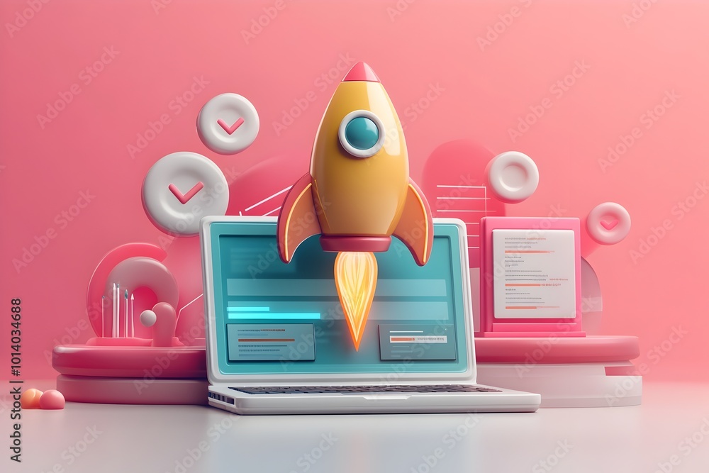 Poster pioneering 3d rendered visual showcasing a modern laptop captivating rocket icon and an efficient de